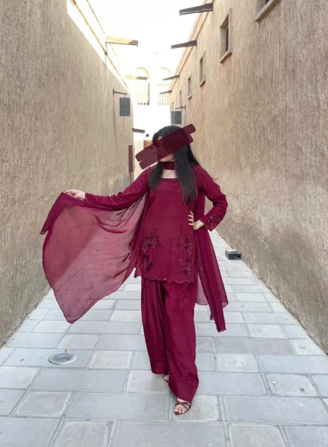 Sequin Red Silk Farshi Shalwar: Pakistani Dress