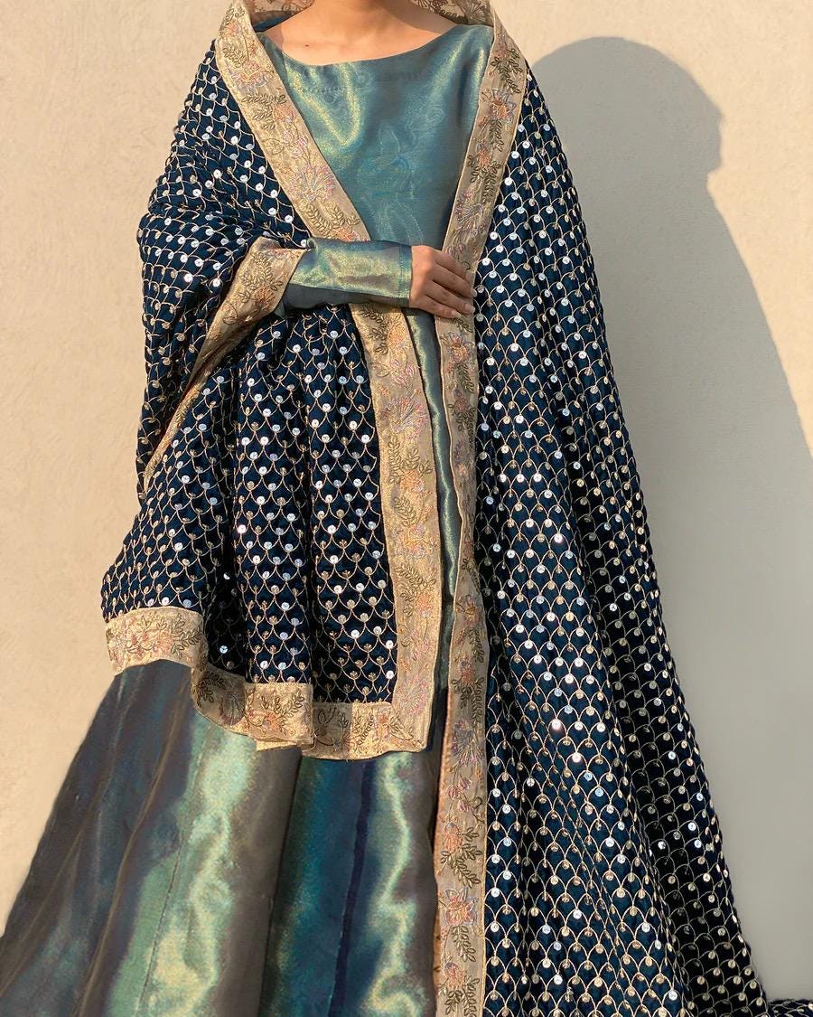 Zinc Velvet Bridal Shawl – Silver Sequins, Embroidered Border