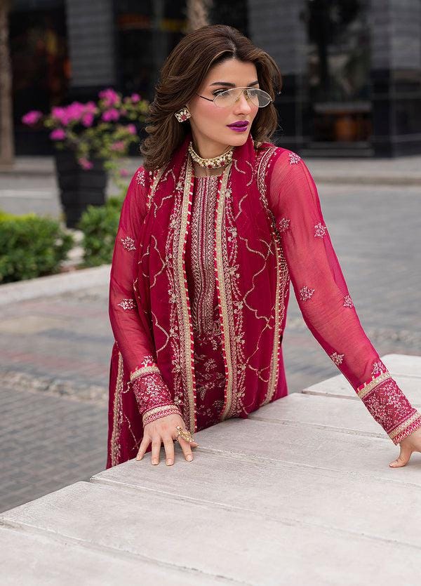 Red Embroidered Chiffon Pakistani Suit, 3 Piece