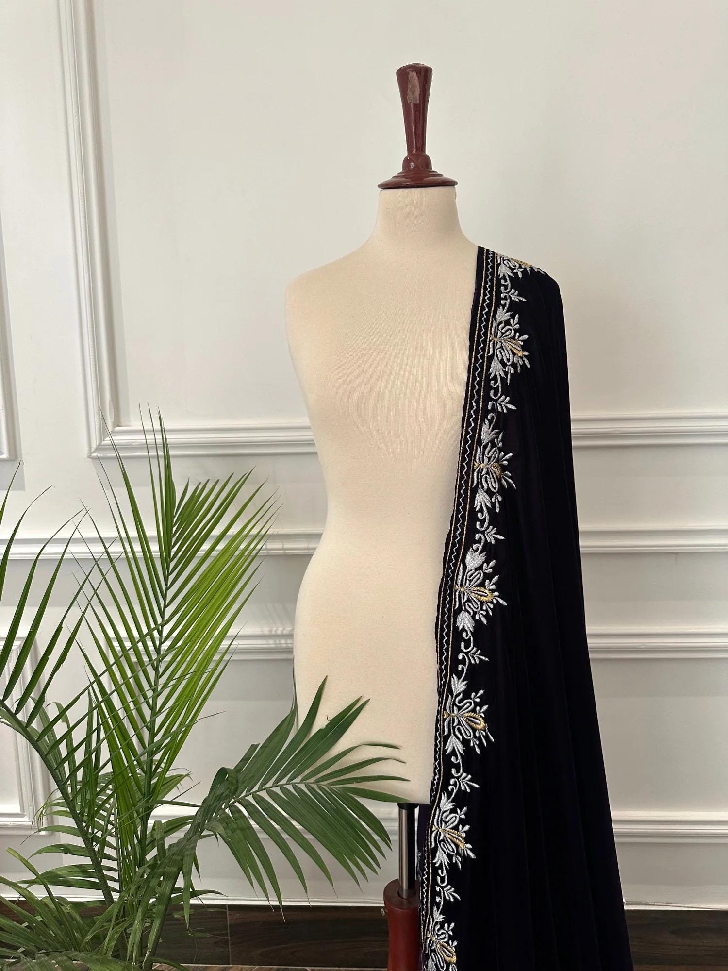 Black Velvet Indian Shawl | Silver Tila Embroidery, Wedding Wrap