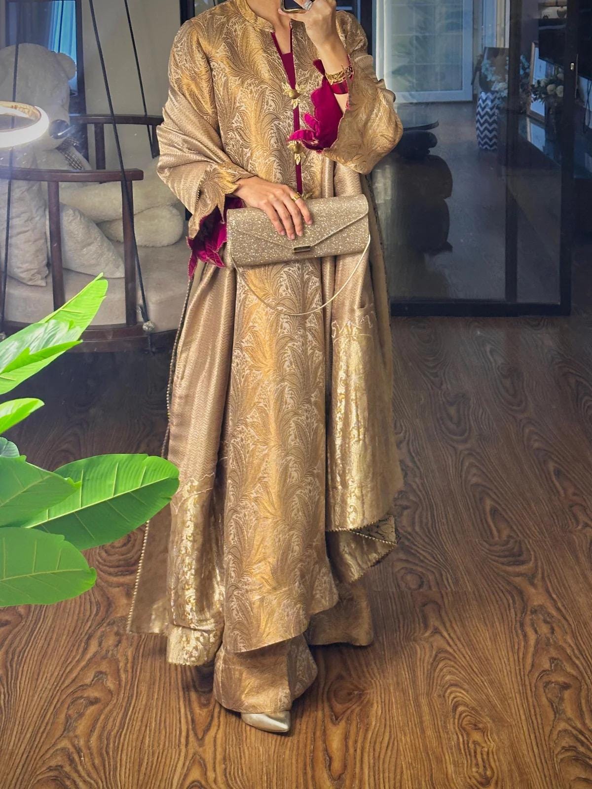 atlas banarsi gold Kameez Shalwar, Pakistani Mirrorwork 3pc Outfit