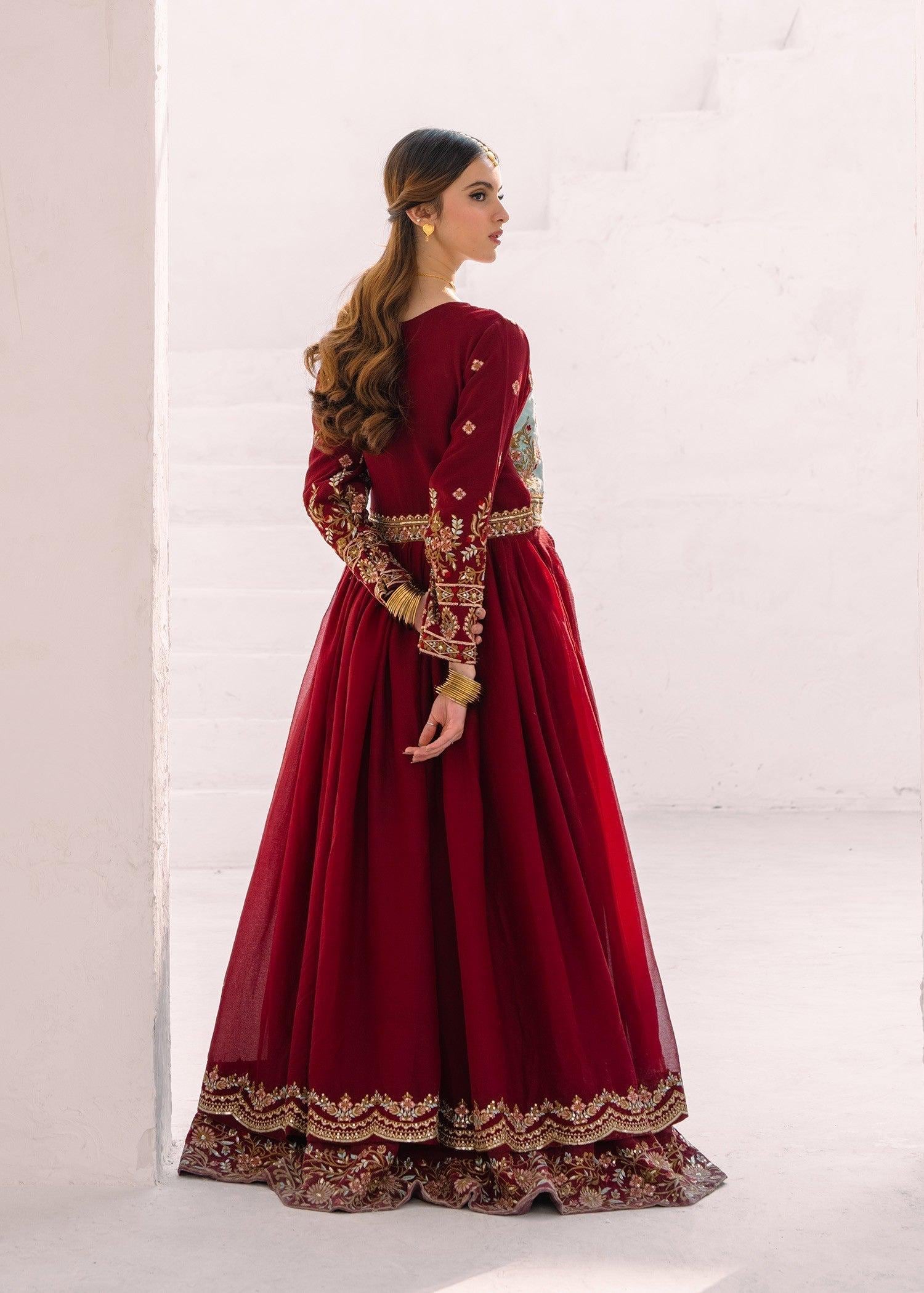 Maroon Chiffon Anarkali Suit, Embroidered Punjabi Dress, 3-Piece