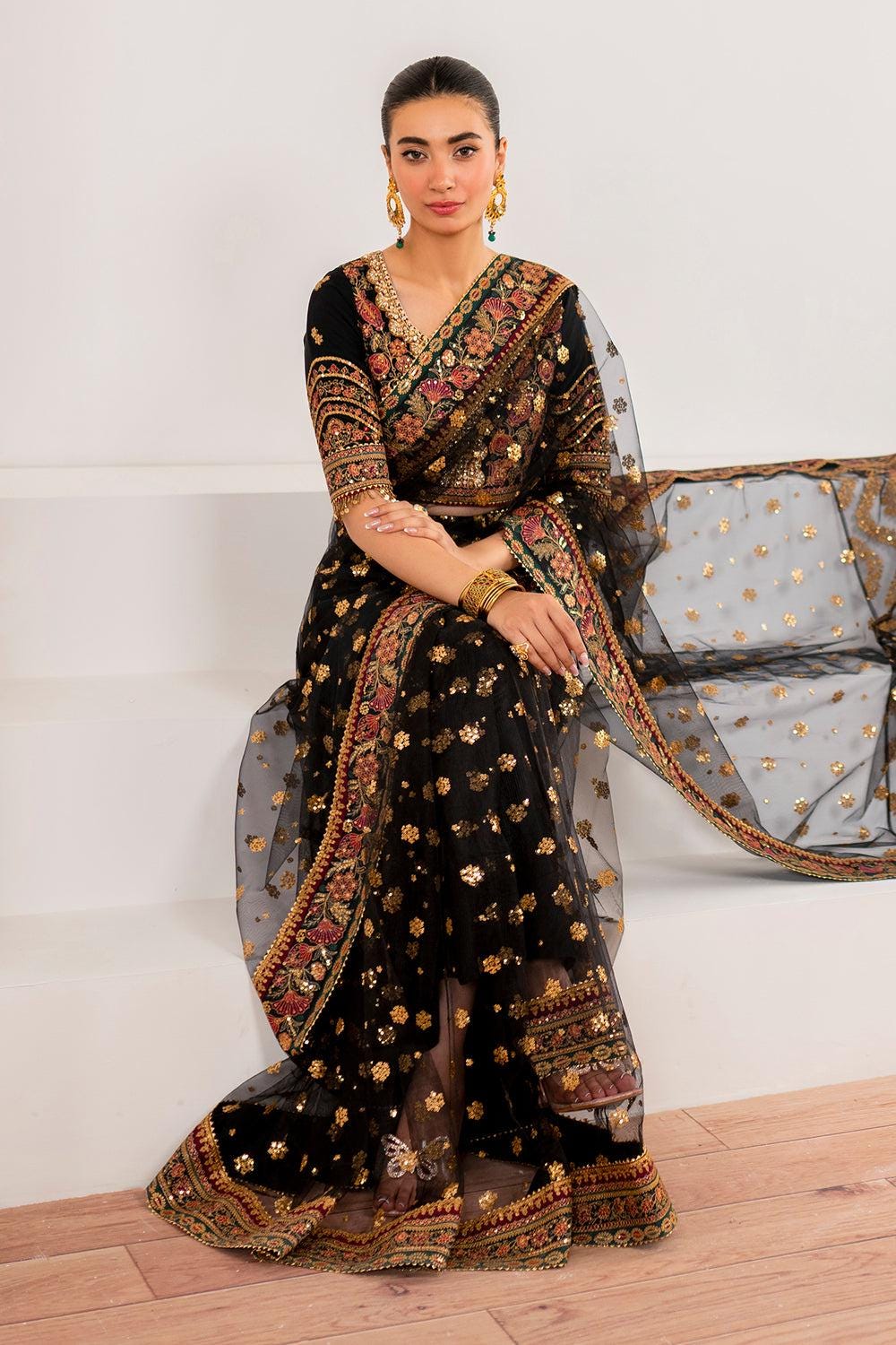 Black Threadwork Embroidered Net Saree, Indian Party Wear