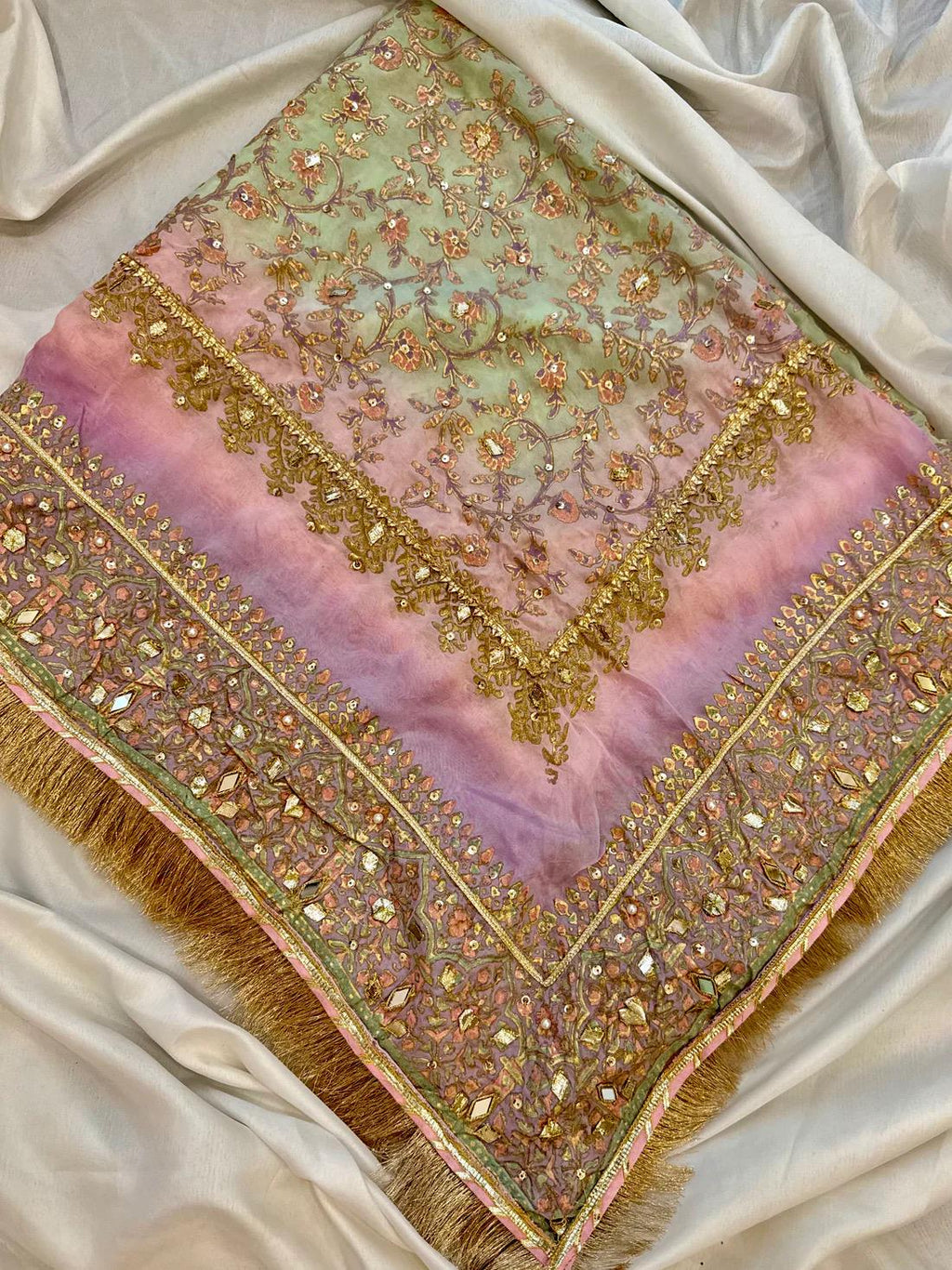 Hand-Embroidered Pastel Silk Dupatta: Gold Lace Indian Shawl