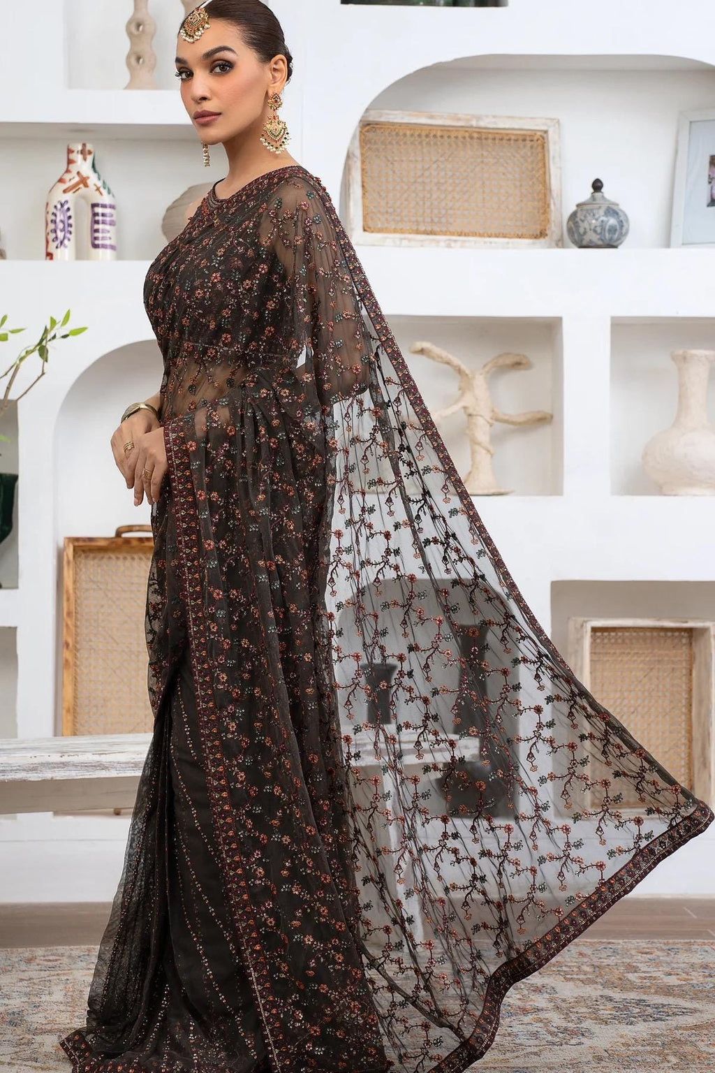 Brown Sequin Saree, Chiffon Indian Party Wear, Matching Blouse