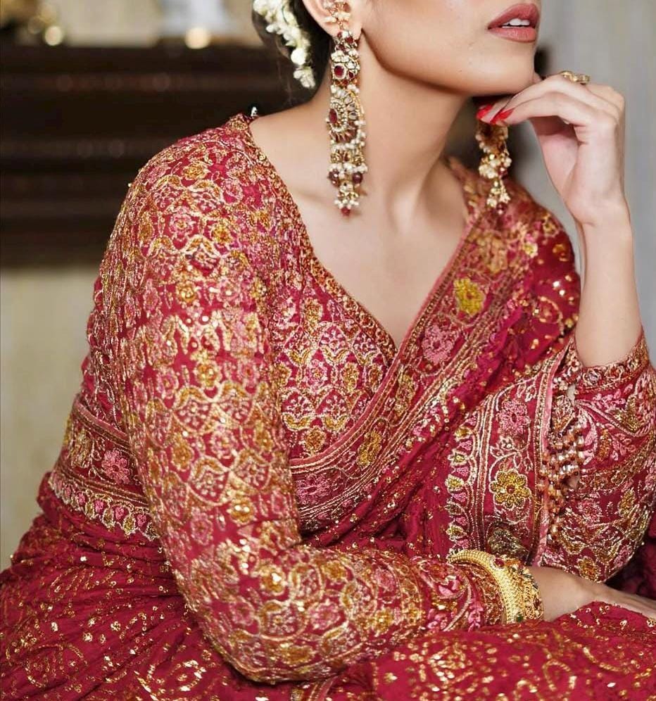 Embroidered Maroon Silk Bridal Saree, Indian Wedding