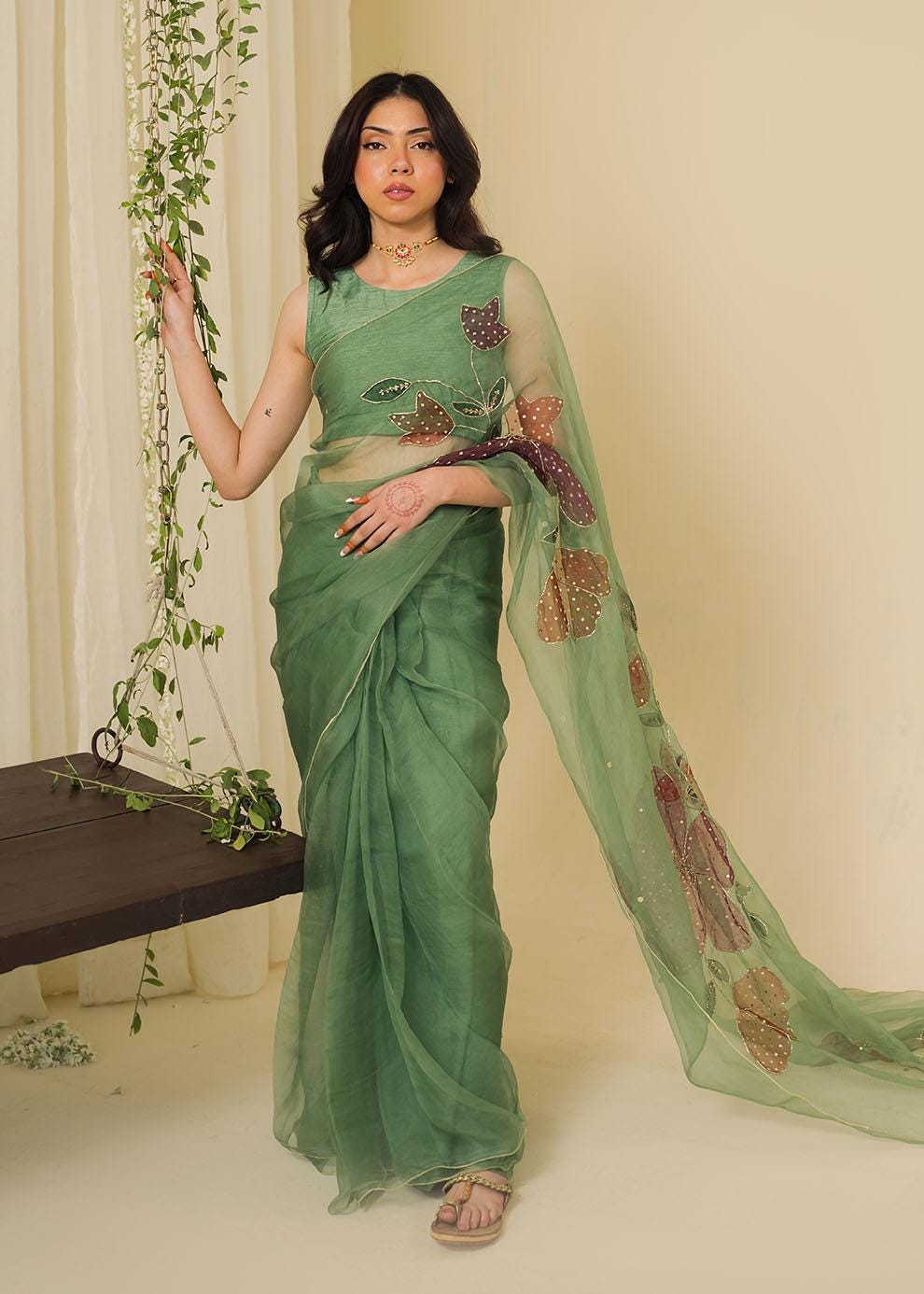 Hand-Painted Organza Saree, Green Floral Sequin Sari, Blouse Included