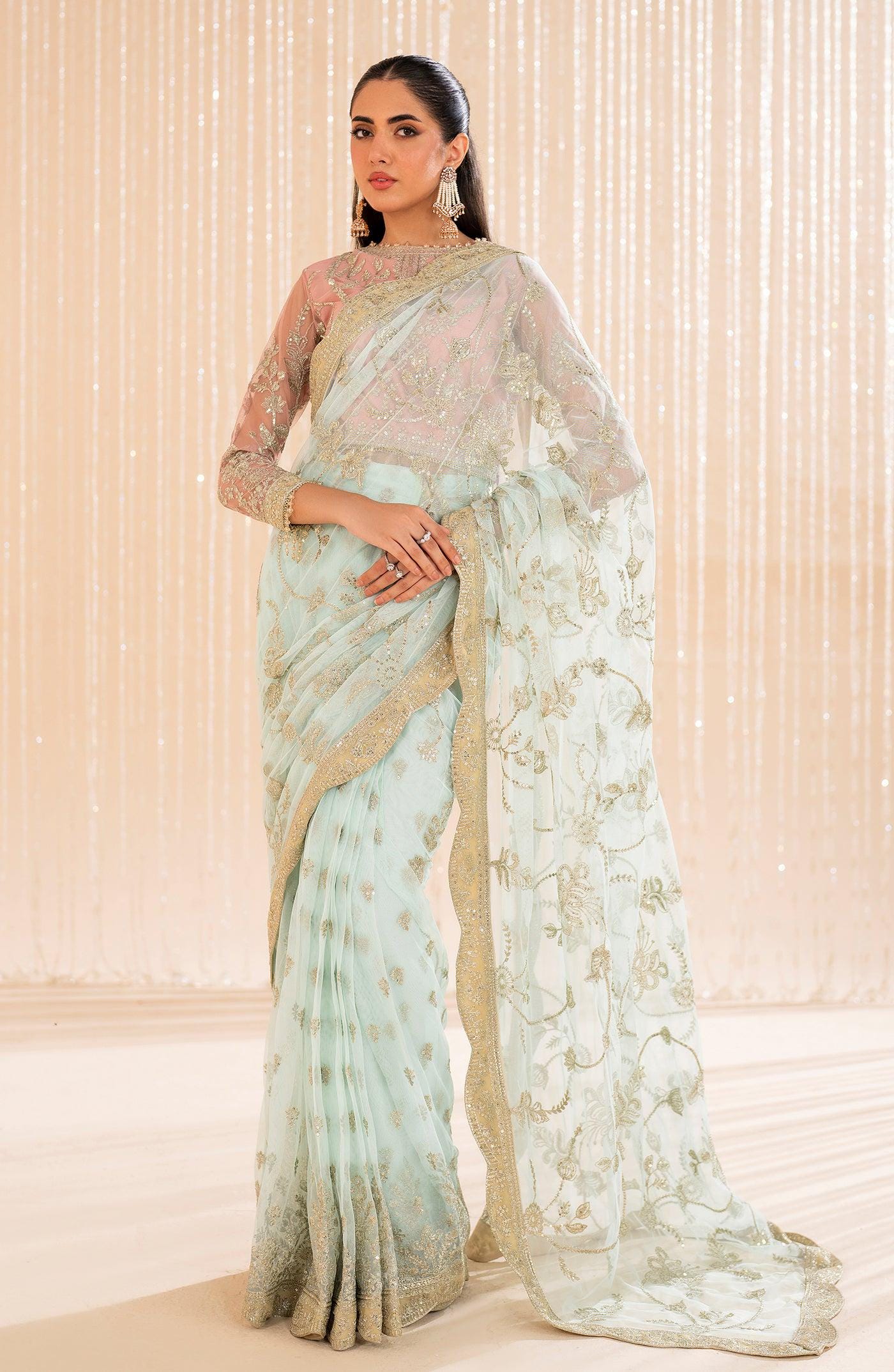 Pink & Blue Sequined Chiffon Saree, Indian Wedding Wear