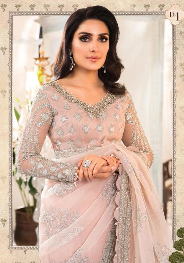 Luxurious Pink Embroidered Net Saree | Pakistani Bridal Reception