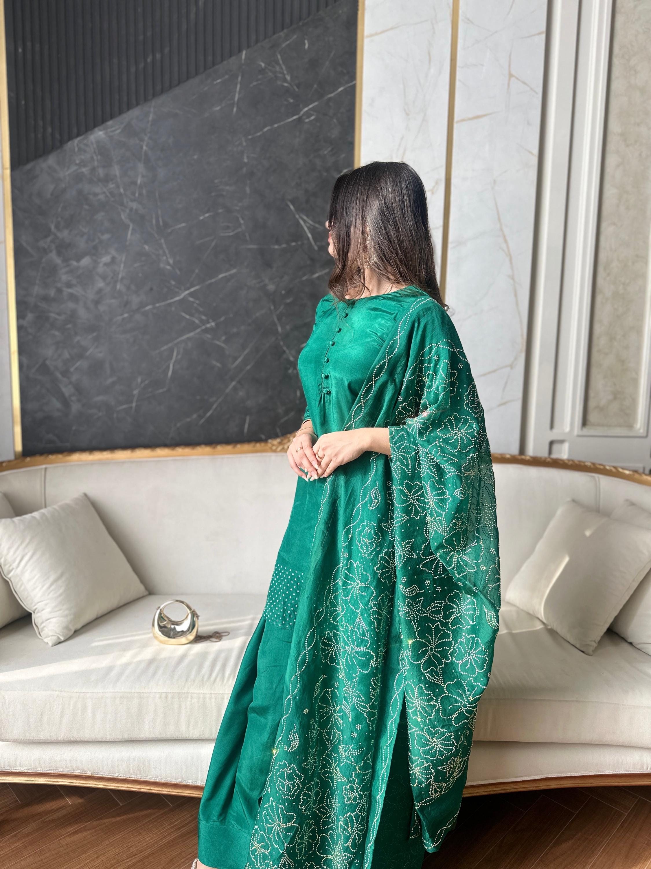 Green Russian Silk Salwar Kameez Suit, Festive Wedding Wear