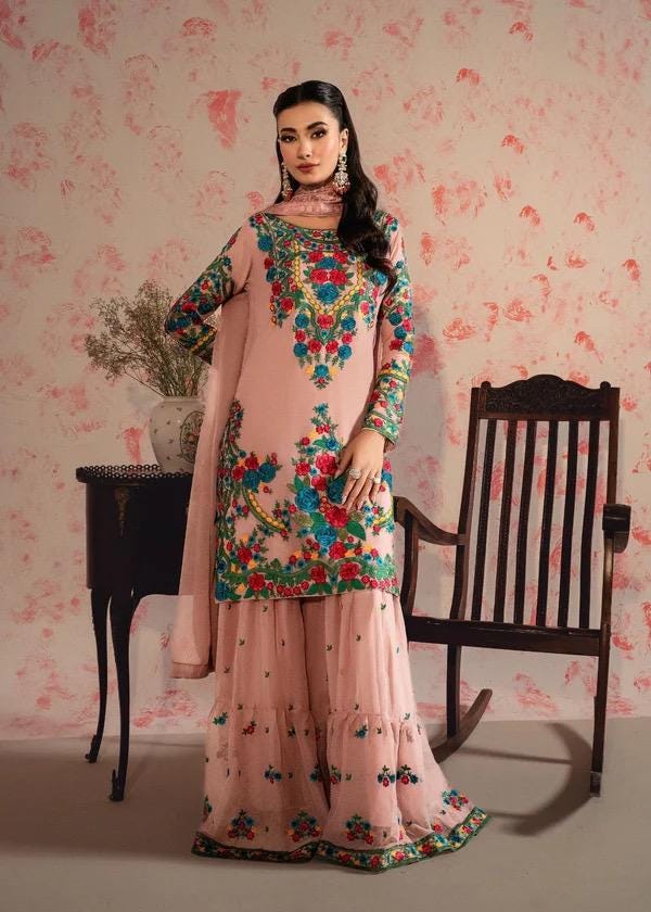 Embroidered Chiffon Kurti Gharara, Blush Pink Kashmiri Dress, Eid Outfit