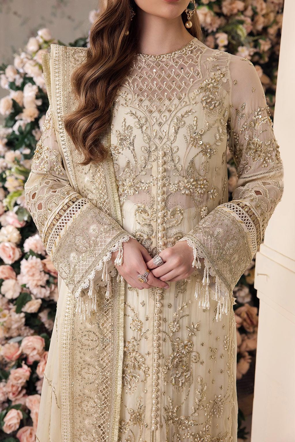 Ivory Chiffon Pakistani Dress, 3pc Embroidered Wedding Guest Outfit