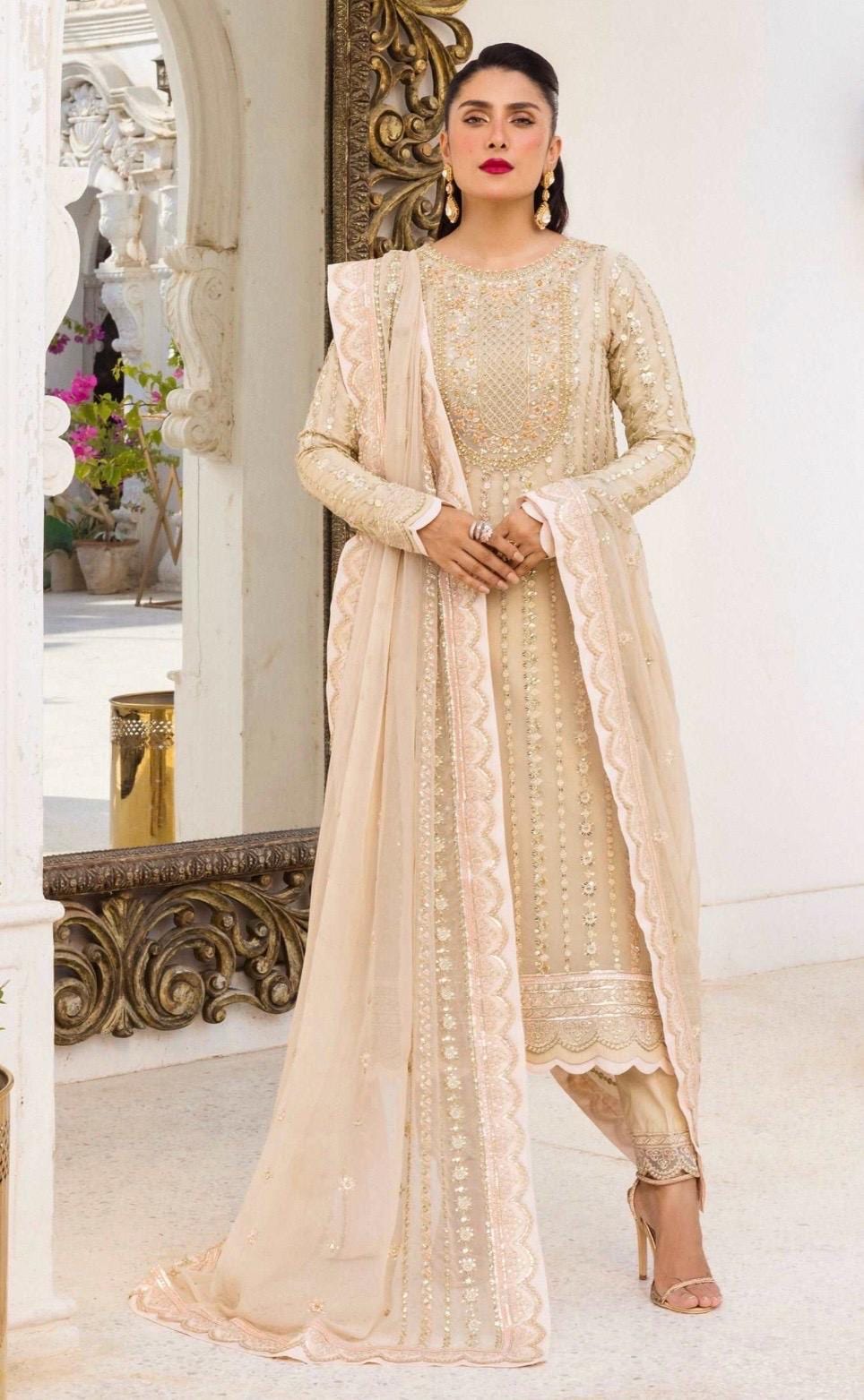Gold Embroidered Chiffon Pakistani Suit, 3pc Shalwar Kameez