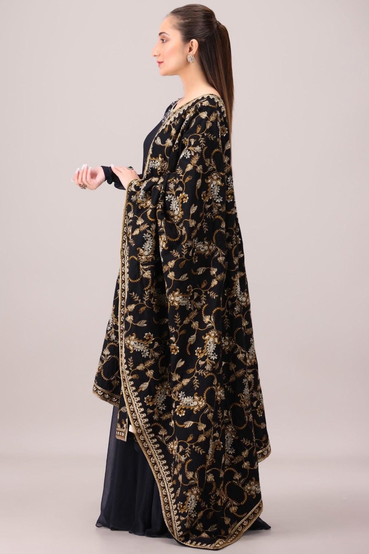 Embroidered Black dhanak Kashmiri Shawl: Indian Festive Wear
