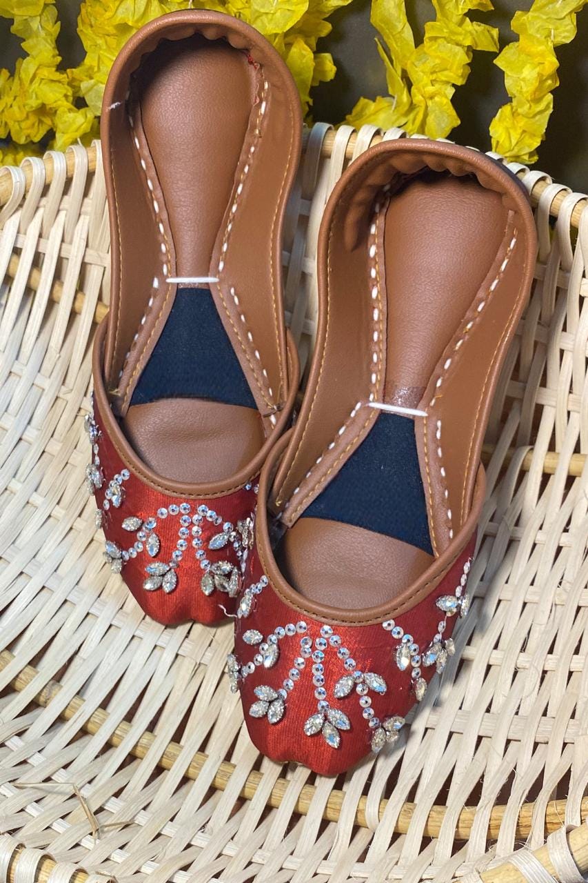 Handmade Ruby Red Silk Jutti Flats: Bridal Wedding Shoes