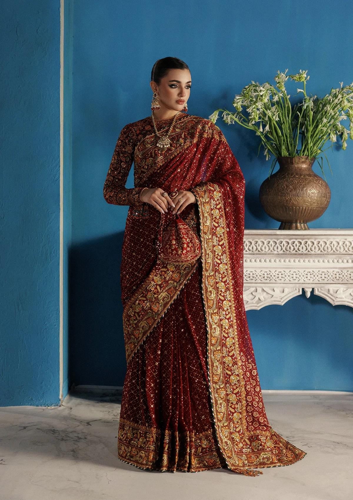 Maroon Velvet Bridal Saree, Embroidered Indian Designer Sari, Matching Blouse