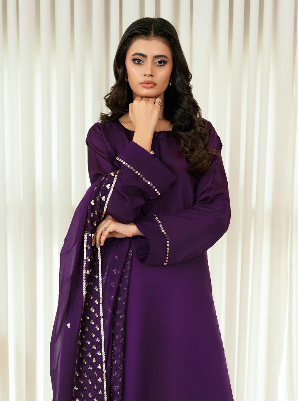 Purple Russian Silk 3pc Indian Dress, Sequins Dupatta