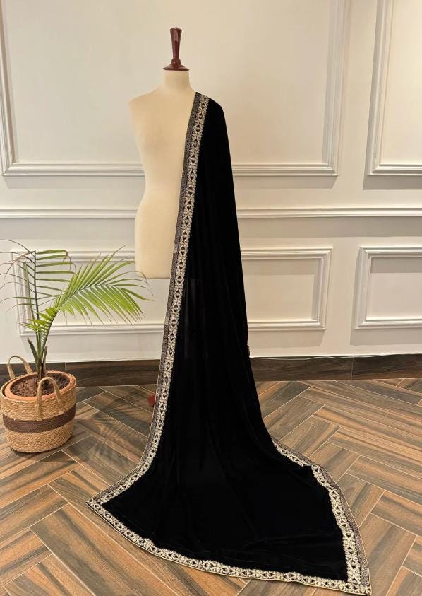 black Velvet Shawl, Sequins Embroidered, Bridal Gift