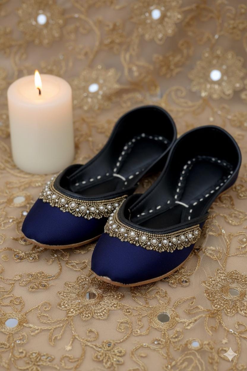 Handmade Sapphire Blue Silk Khussa Flats: Punjabi Mojari Shoes