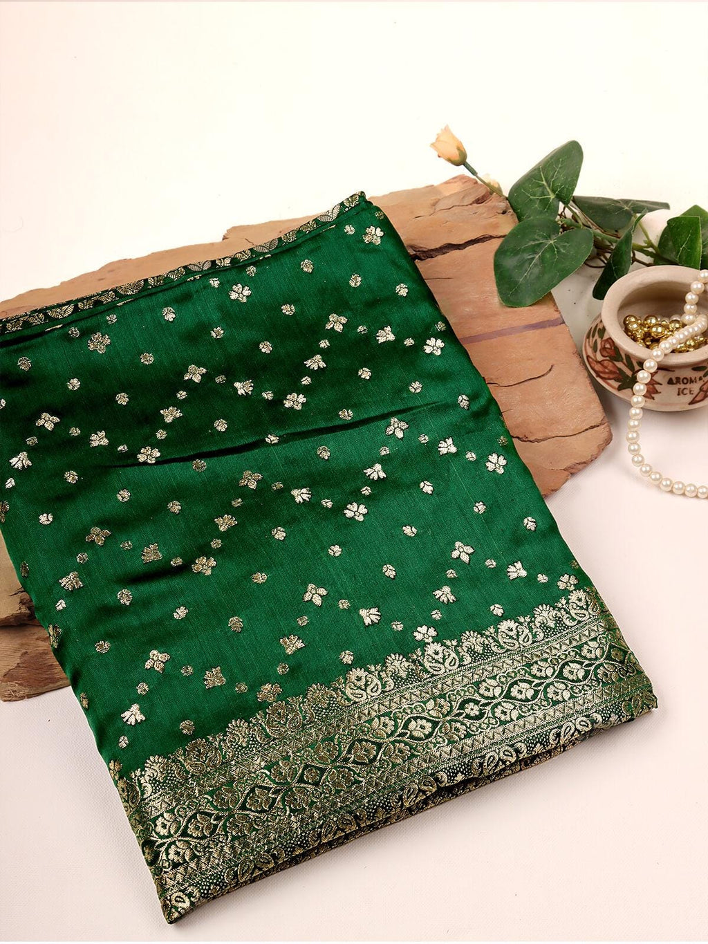 Bottle Green Banarasi Silk Saree, Jaal Pattern, Floral Border