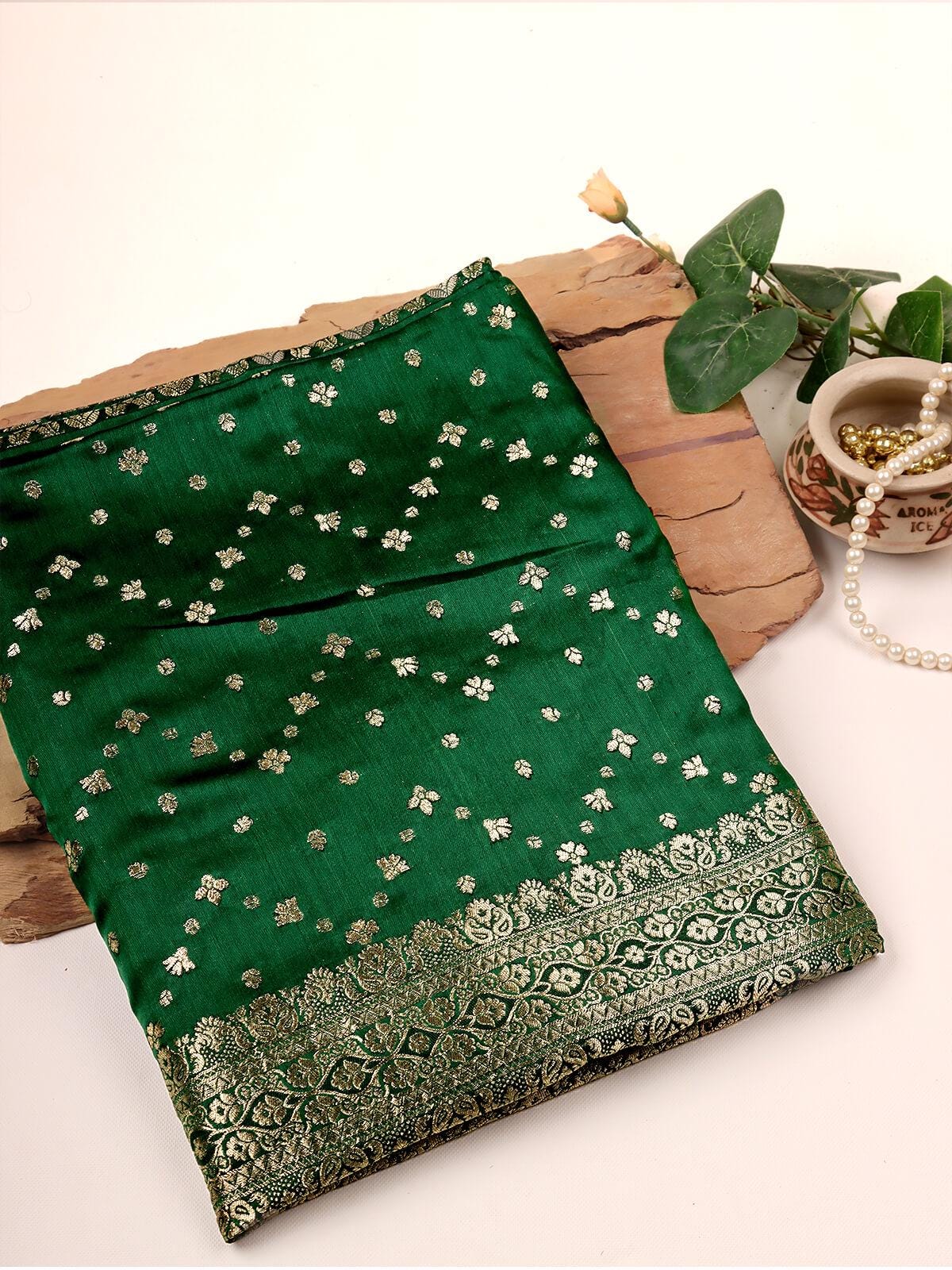 Bottle Green Banarasi Silk Saree, Jaal Pattern, Floral Border