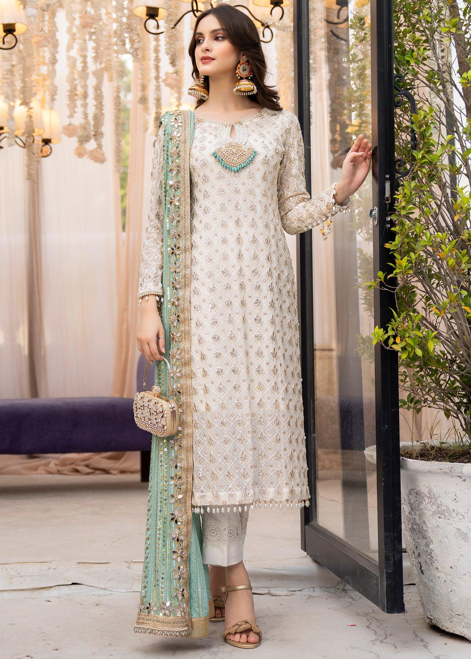White Chiffon Chickenkari Shalwar Kameez, Zardozi Neckline, Pakistani Dress