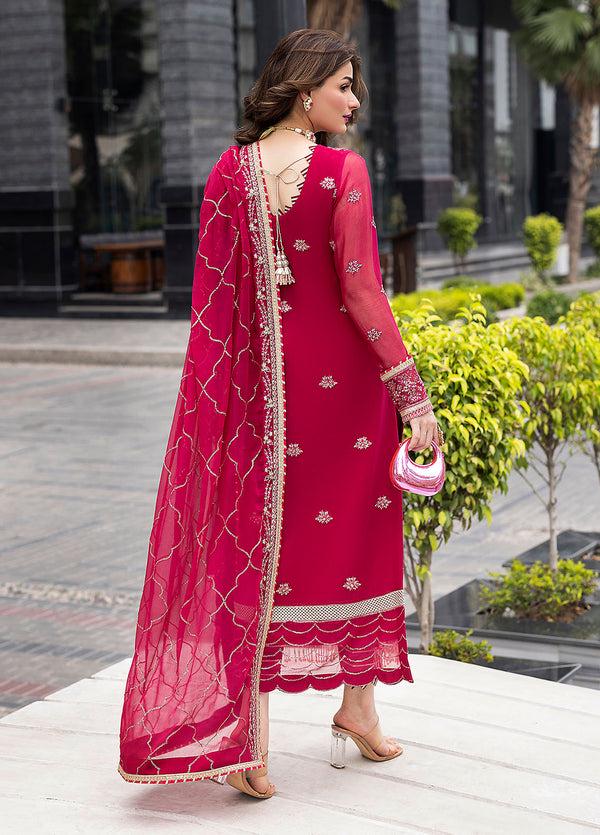 Red Embroidered Chiffon Pakistani Suit, 3 Piece