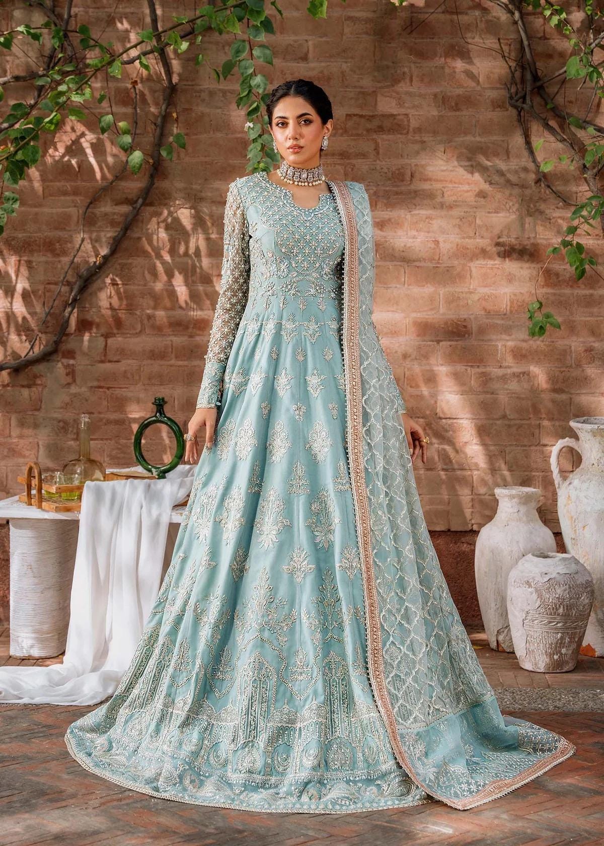 Ice Blue Embroidered Net Maxi Dress: Pakistani Wedding Outfit