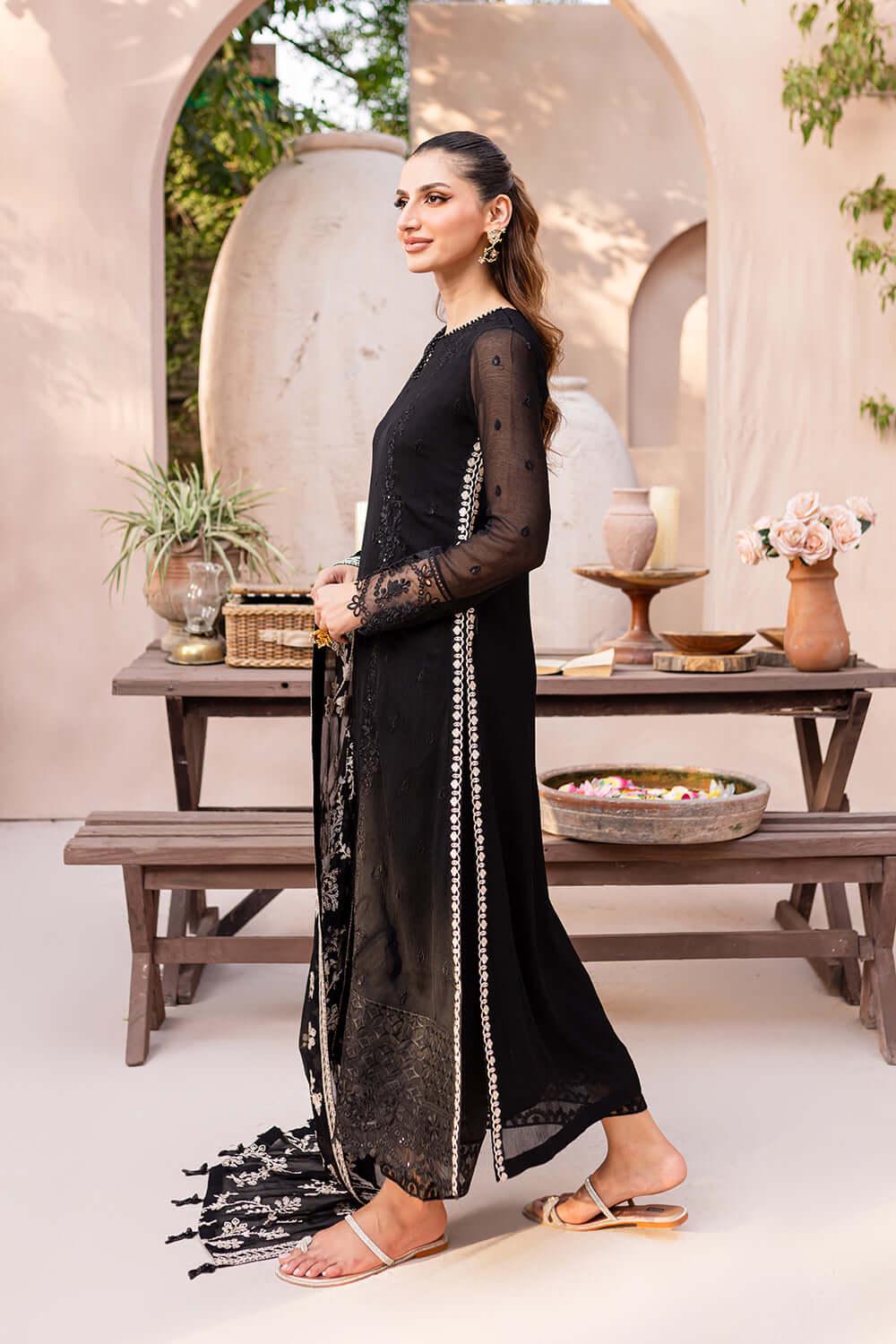 Embroidered Black Chiffon Pakistani Suit: Silk Trousers, Dupatta