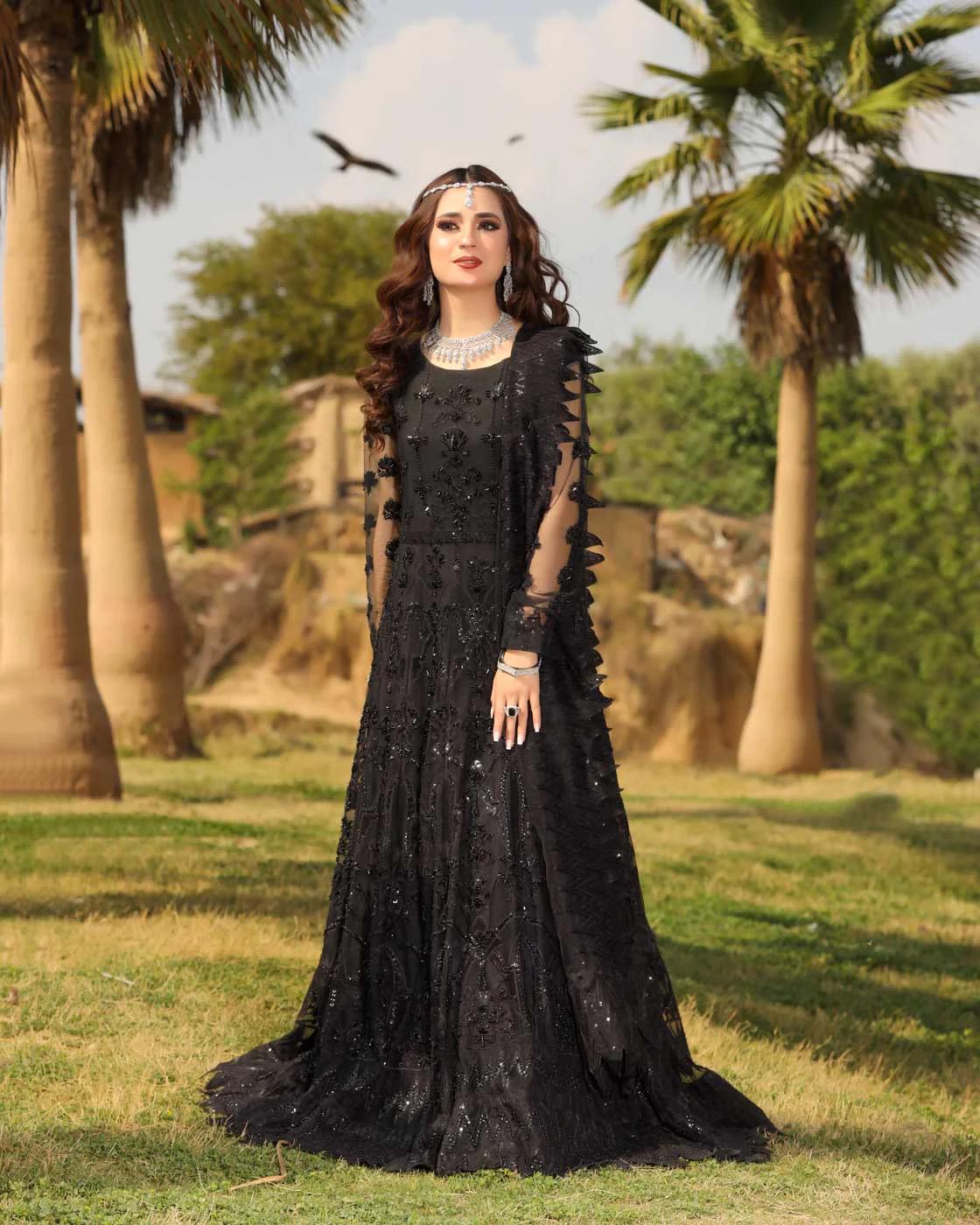 Black Embroidered Net Maxi Gown: Pakistani Wedding Reception Dress