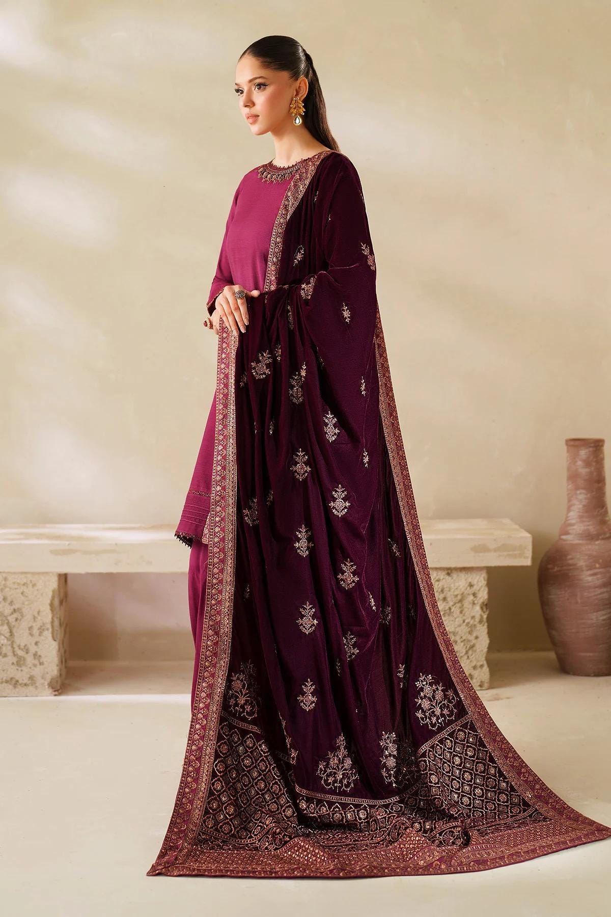 Maroon Velvet Shawl, Sequins Embroidered, Bridal Gift