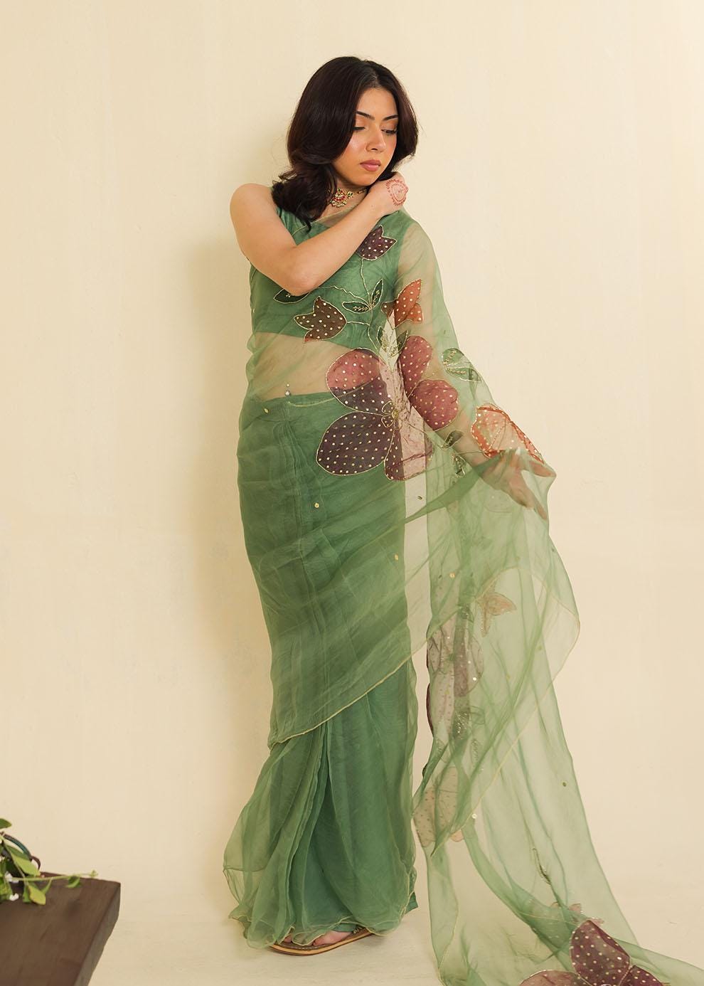 Hand-Painted Organza Saree, Green Floral Sequin Sari, Blouse Included