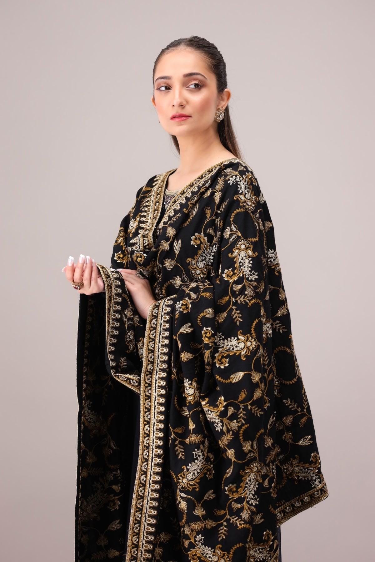 Embroidered dhanak Black Kashmiri Shawl: Indian Festive Wear