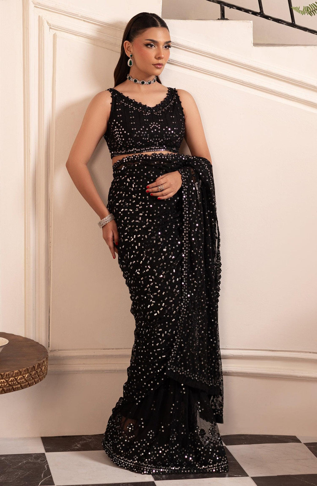 Black Sequin Saree with Embroidered Blouse: Indian Party Wear
