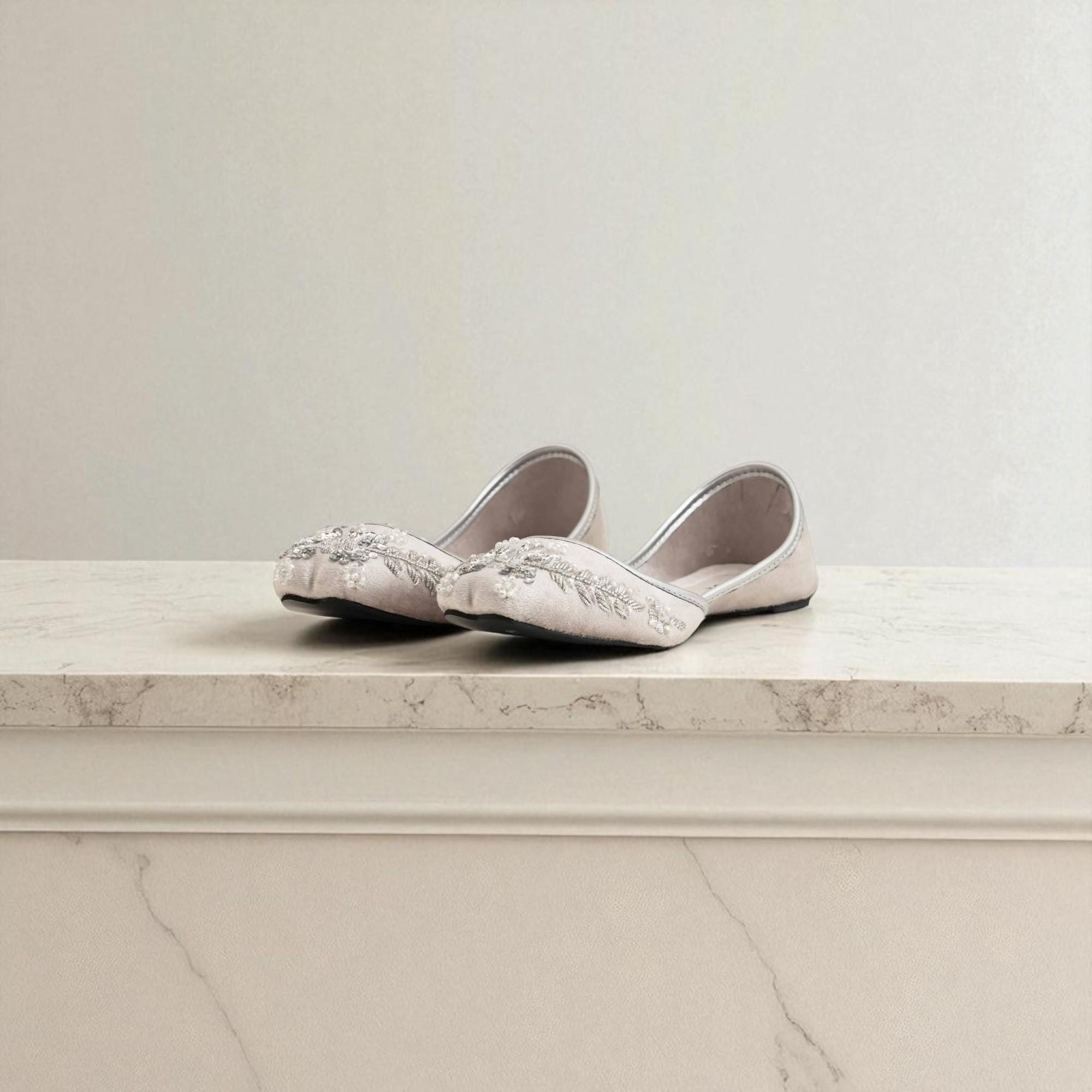 Silver Pearl Embroidered Jutti: Velvet Wedding Mojaris