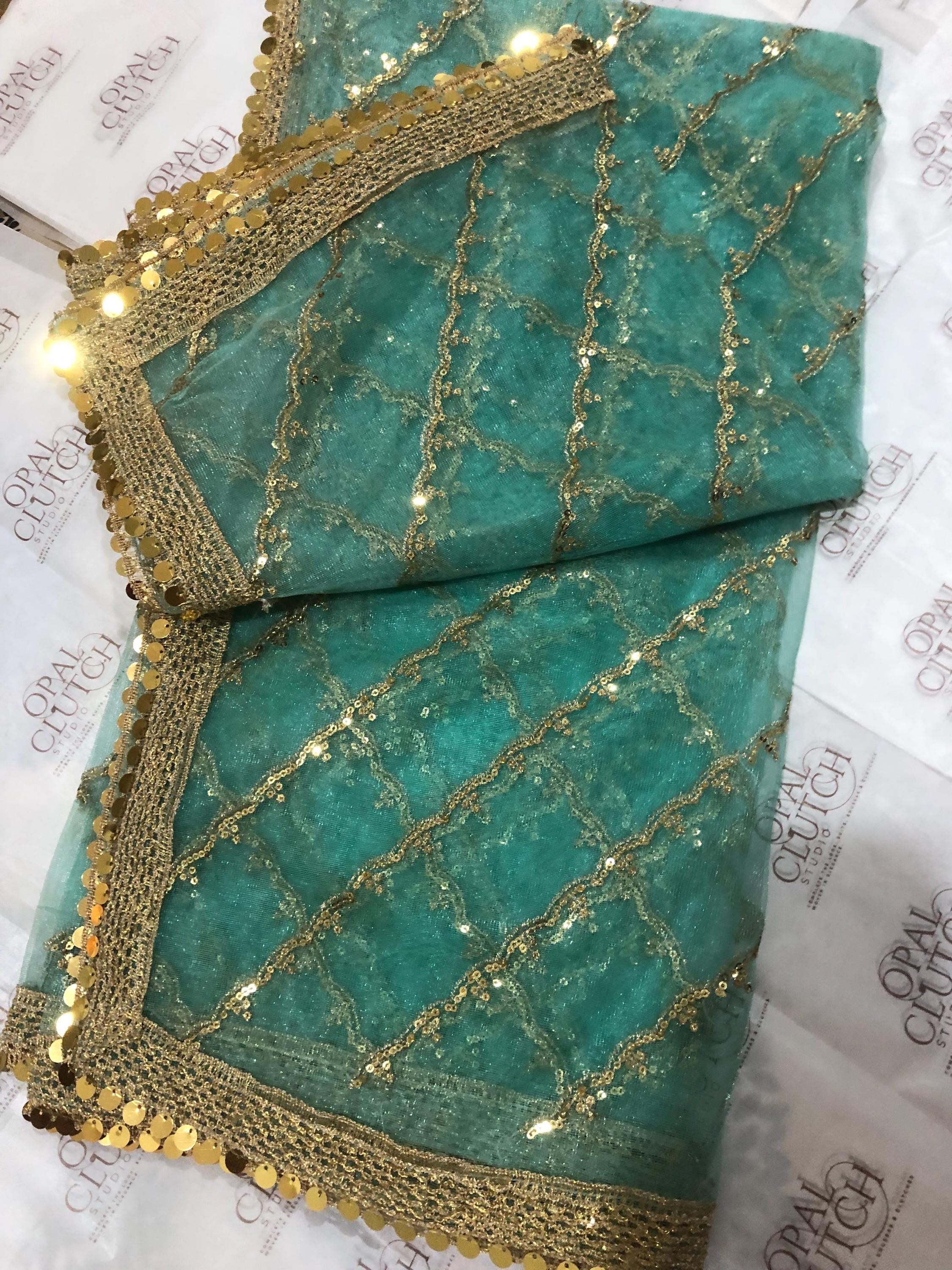 Zari Net Dupatta, Gold, Blue, Green, Engagement Mehndi Wear