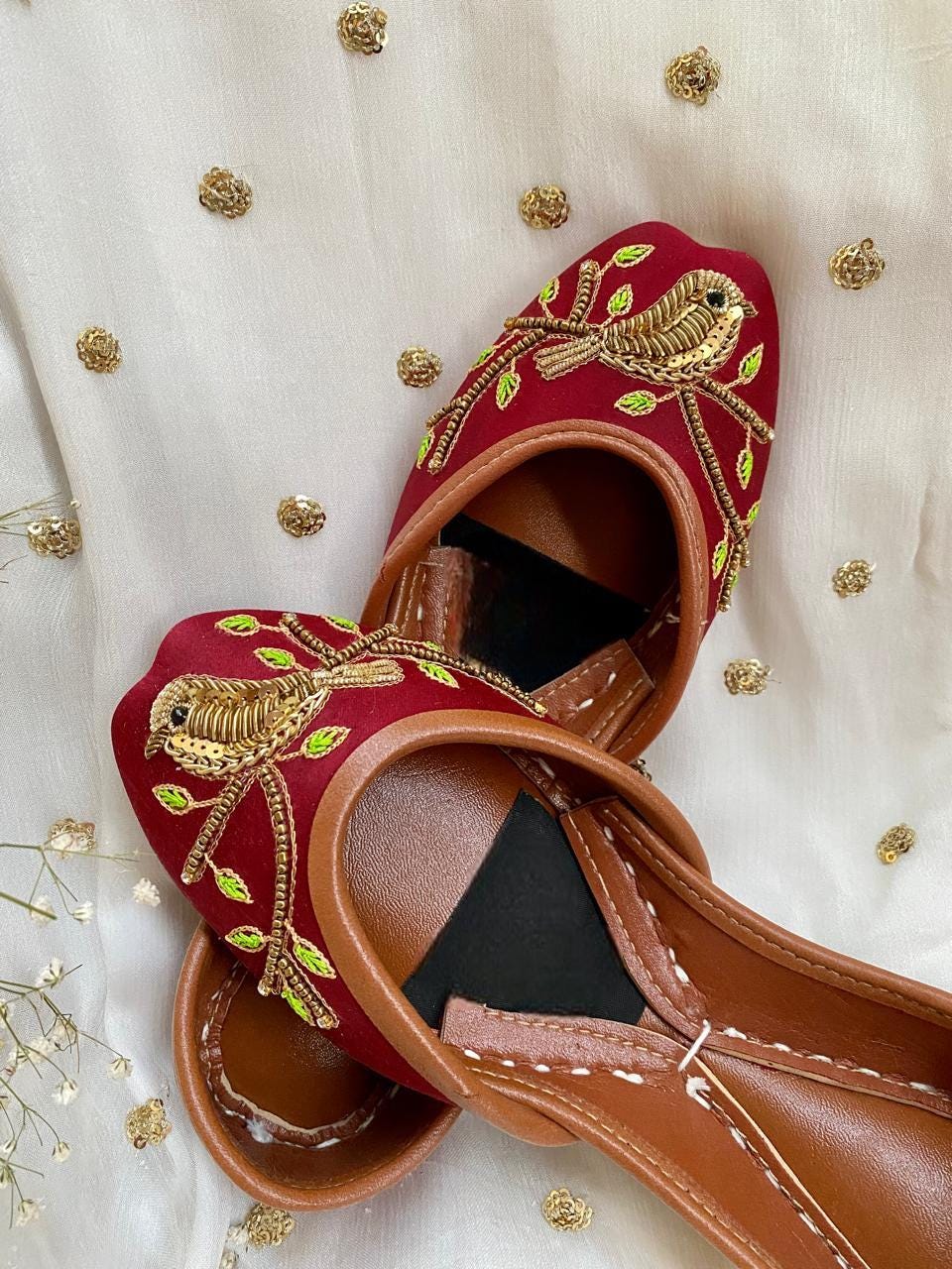 Handmade Red Bridal Khussa: Embroidered Bird Jutti Shoes