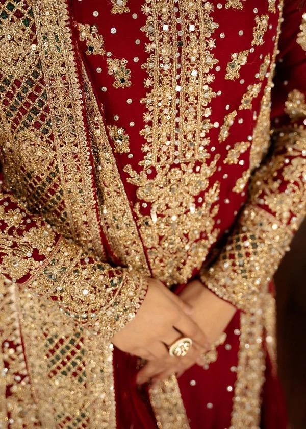 Red Sequin Pakistani Suit: Embroidered Chiffon Bridal Dress