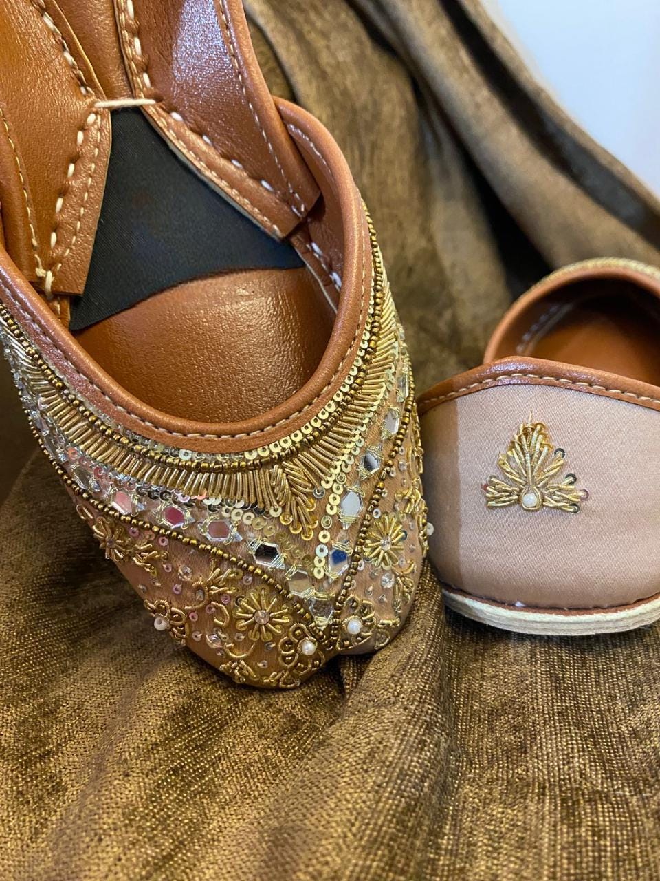 Handmade Gold Silk Jutti, Beaded & Sequined Punjabi Flats