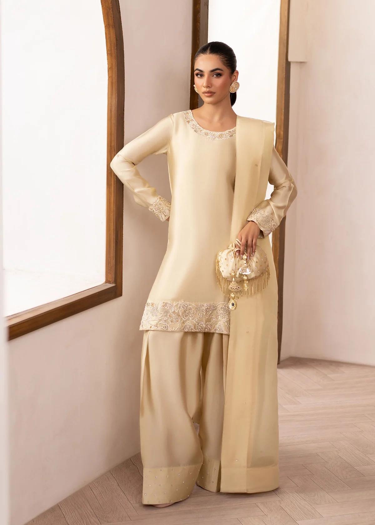 Ivory Silk Farshi Shalwar Kameez, Organza Dupatta, 3pc Stitched Suit