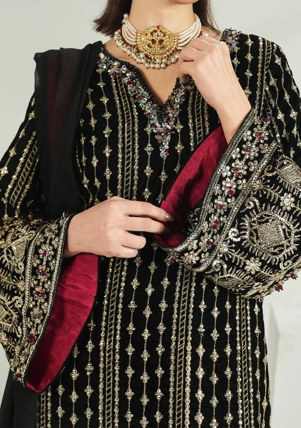 black velvet long dress with chiffon duppata: receptionwear black indian suit