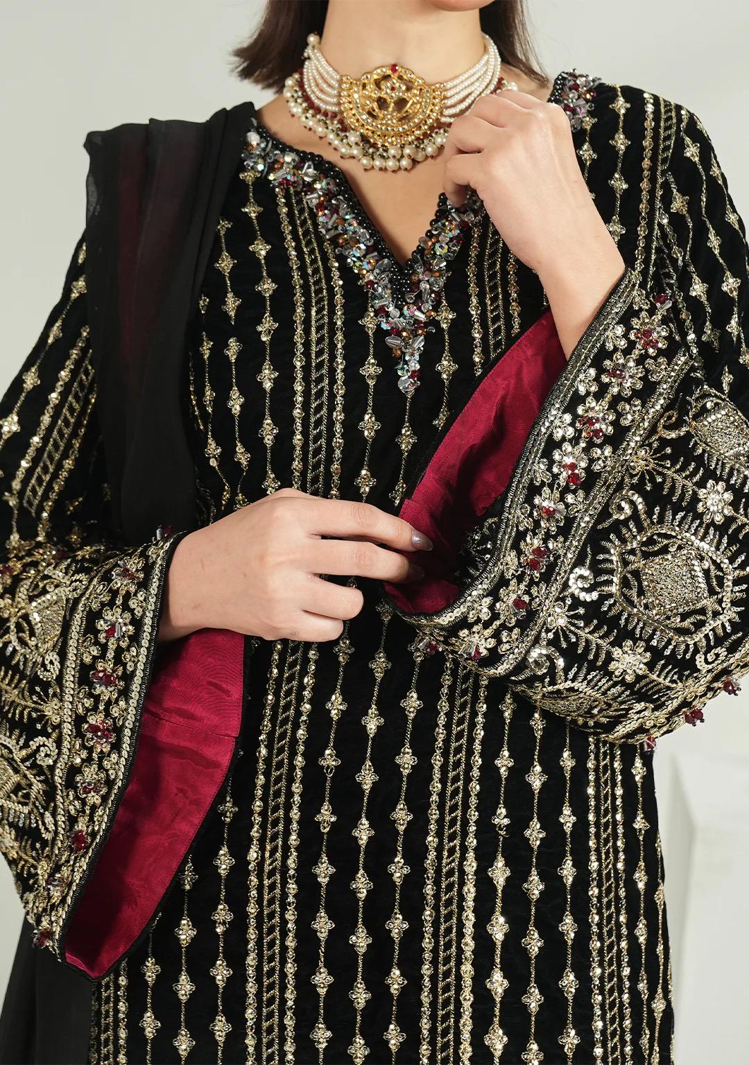 black velvet long dress with chiffon duppata: receptionwear black indian suit