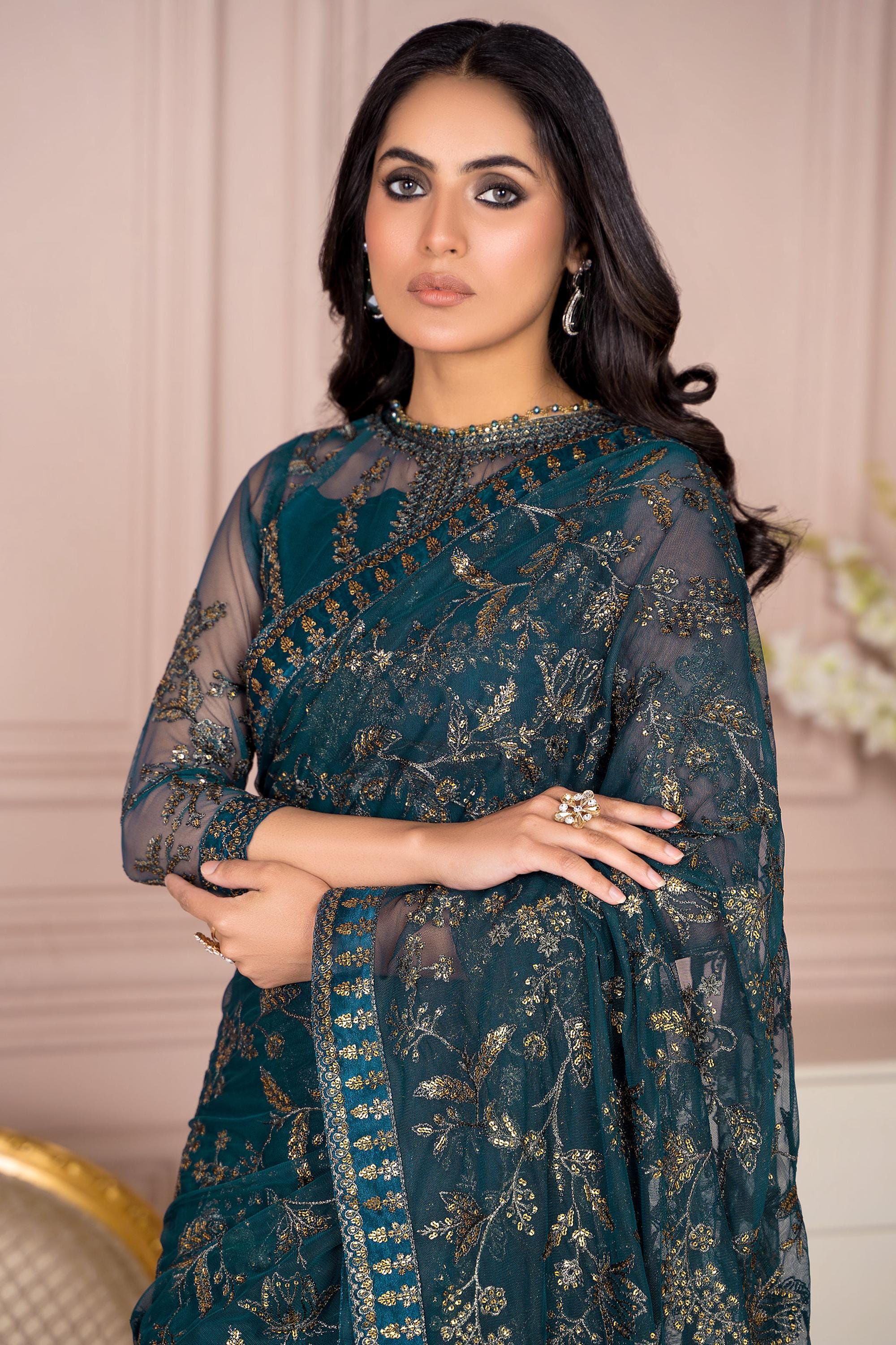 Teal green net Sequin Embroidered Saree with Blouse