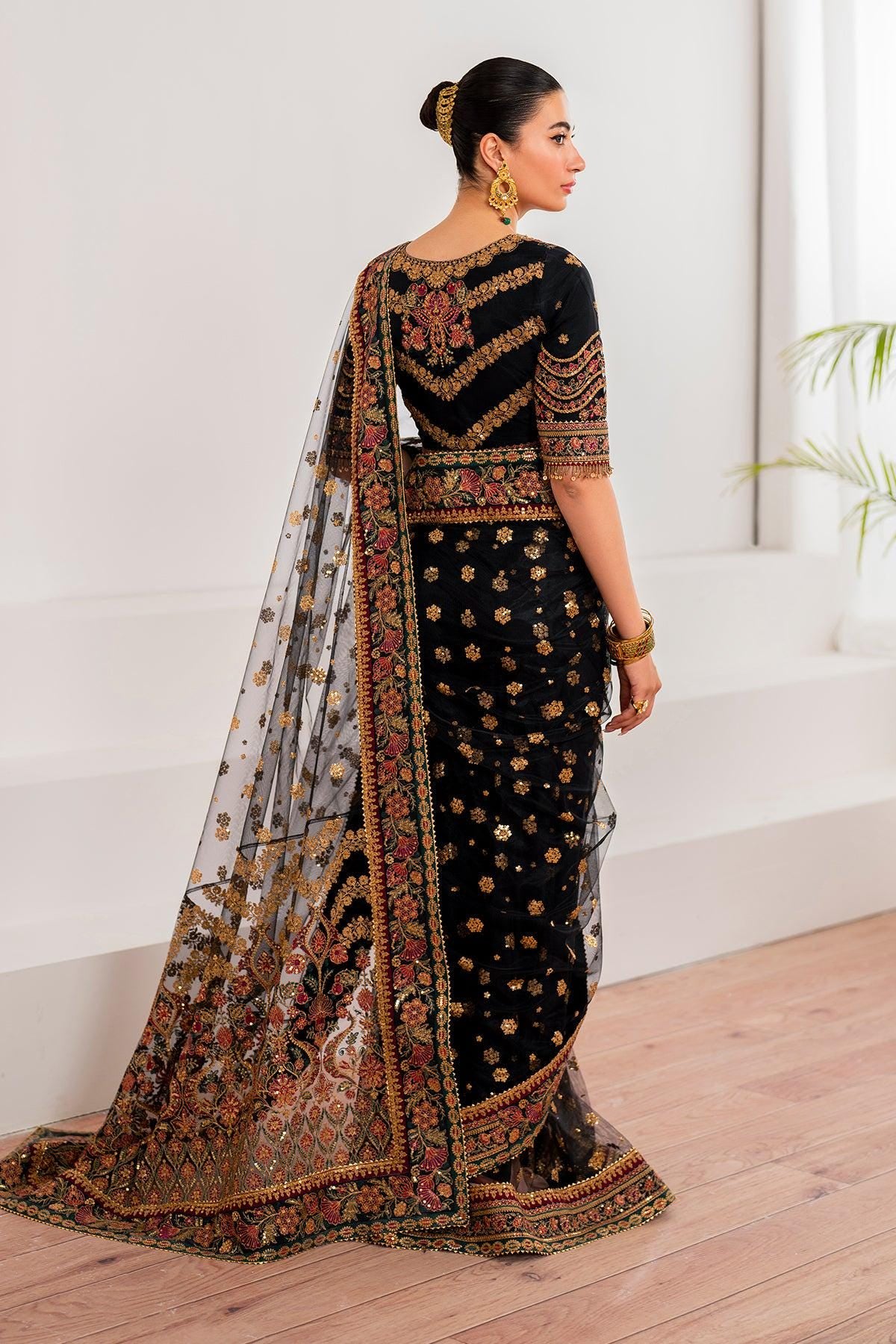 Black Threadwork Embroidered Net Saree, Indian Party Wear