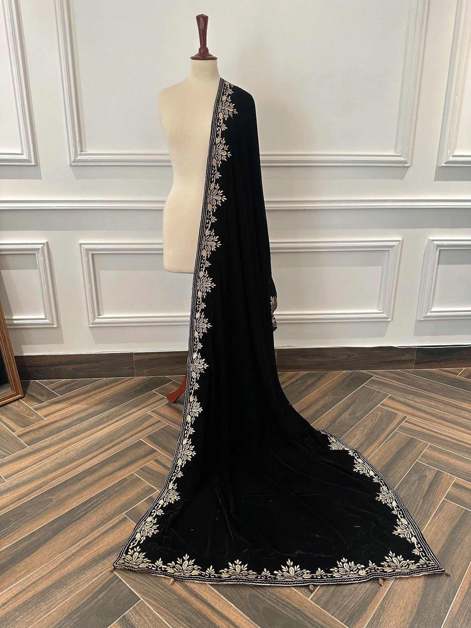 Black Velvet Indian Shawl | Silver Tila Embroidery, Wedding Wrap