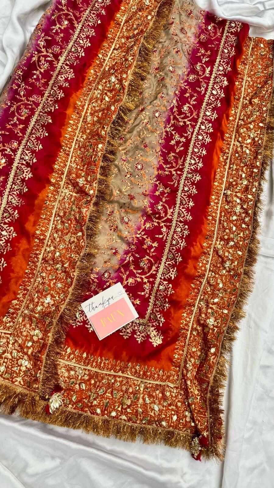 Kamdani Silk Dupatta: Multicolor Chunari Shawl with Mukesh Work,ivory duppata embroidered,orange gotta work duppata,mayun,mehndi duppata