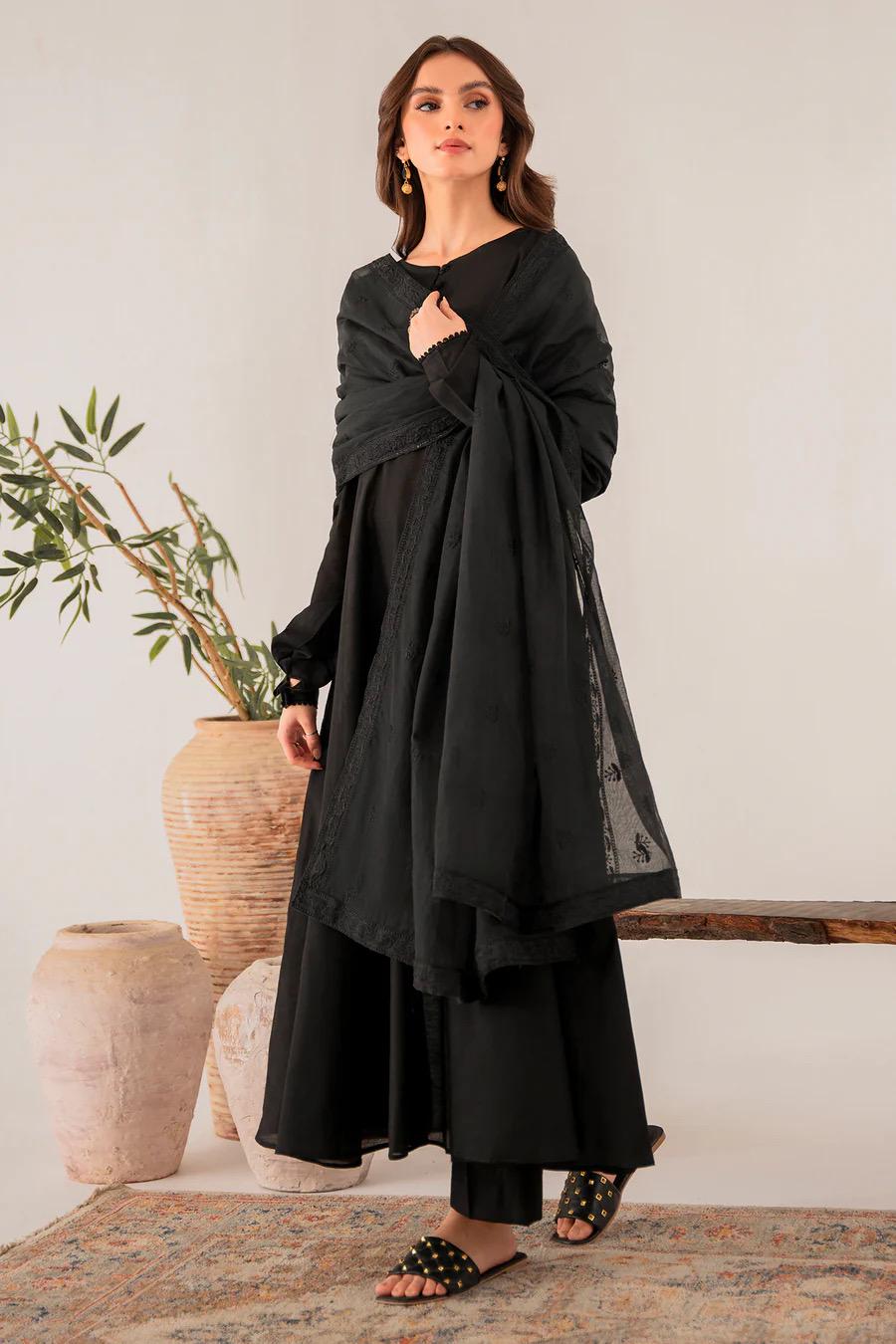 Black Chambray Kattan Frock: Embroidered Punjabi Suit with Dupatta