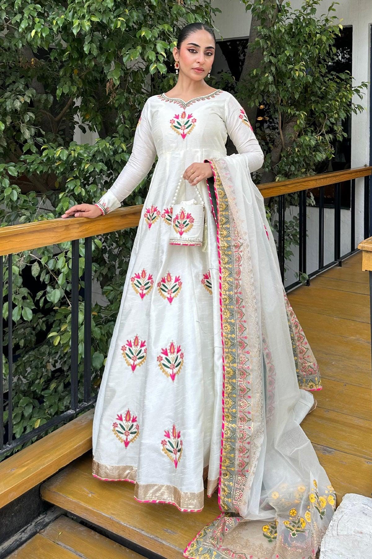 White Tilla Embroidery Raw Silk Pakistani Dress with Dupatta