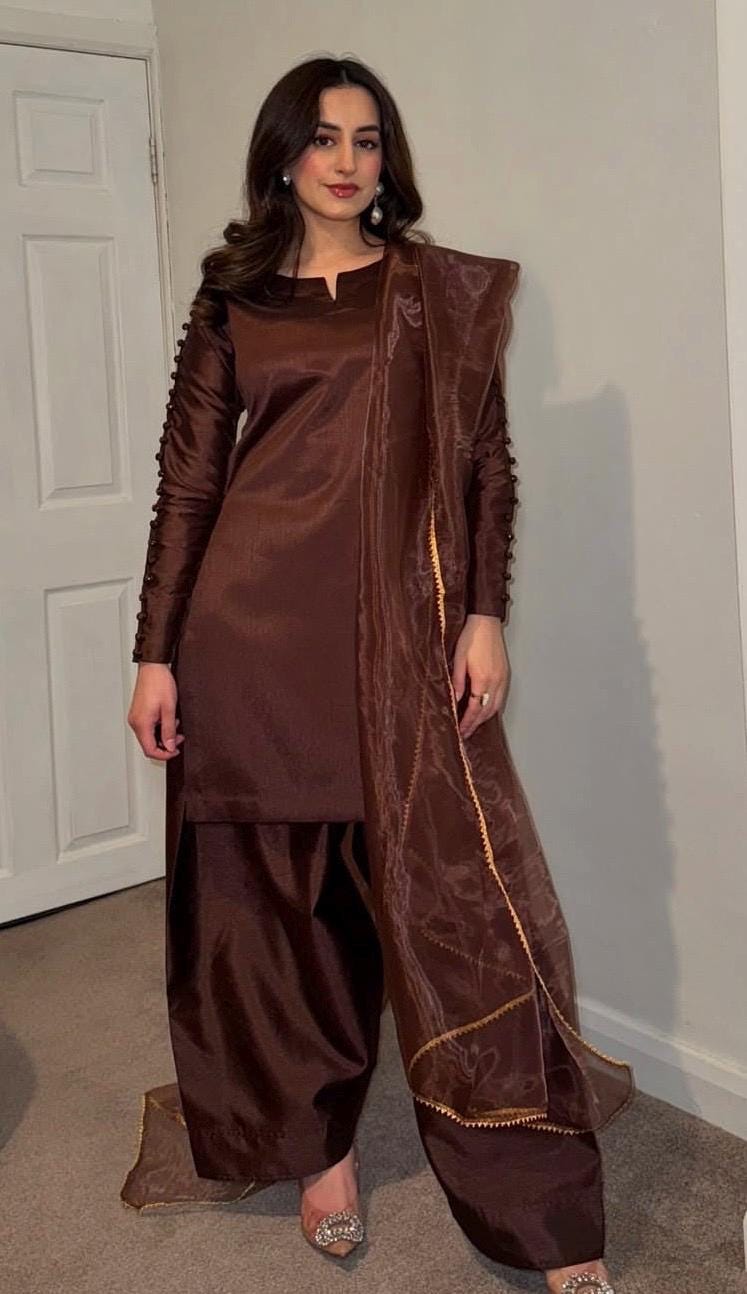 Brown Silk Farshi Shalwar Kameez, Organza Dupatta