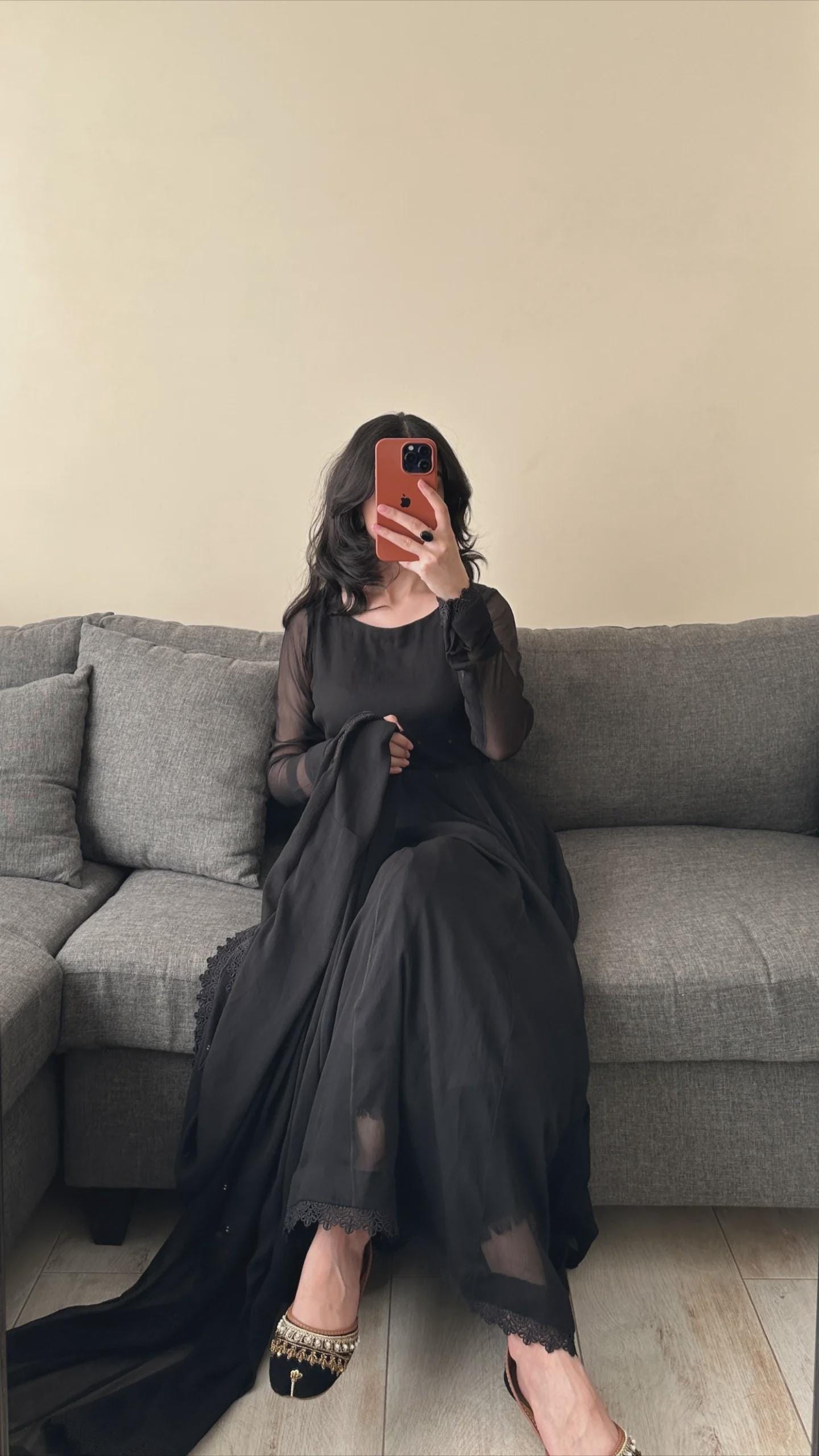 Black Georgette Anarkali Gown: Pakistani Punjabi Suit, Chiffon Dupatta